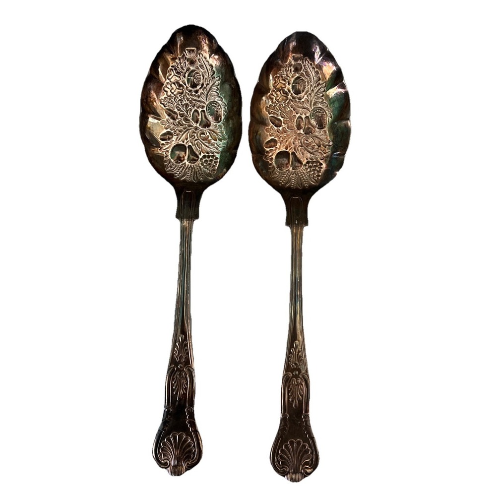 2 Newbridge KINGS Embossed‎ Fruit SilverPlate Serving Spoons Casserole Server 9"